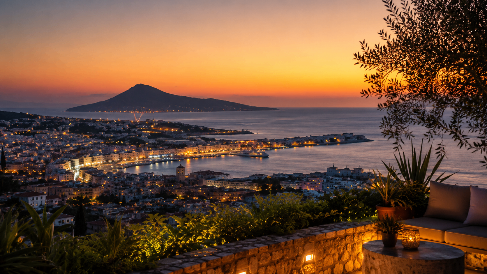 Panoramic twilight view from Bohali Hill across Zakynthos